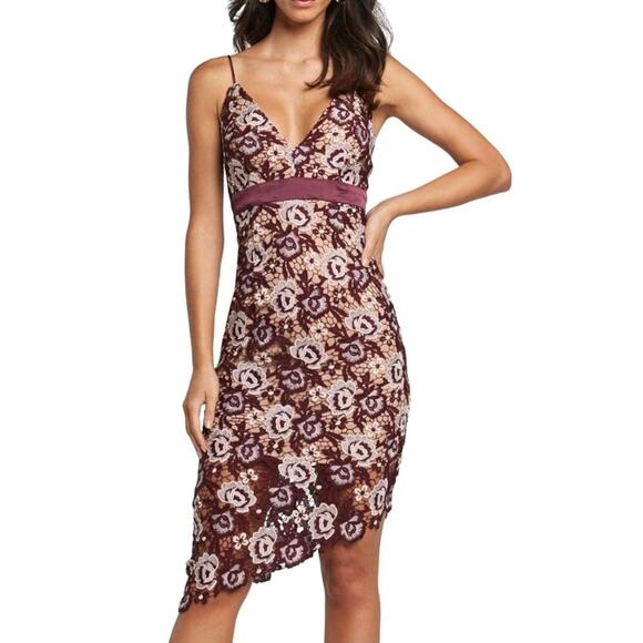 Bardot NWOT Dahlia Purple Lace Asymmetrical Cocktail Silhouette Sheath Dress - Picture 1 of 7
